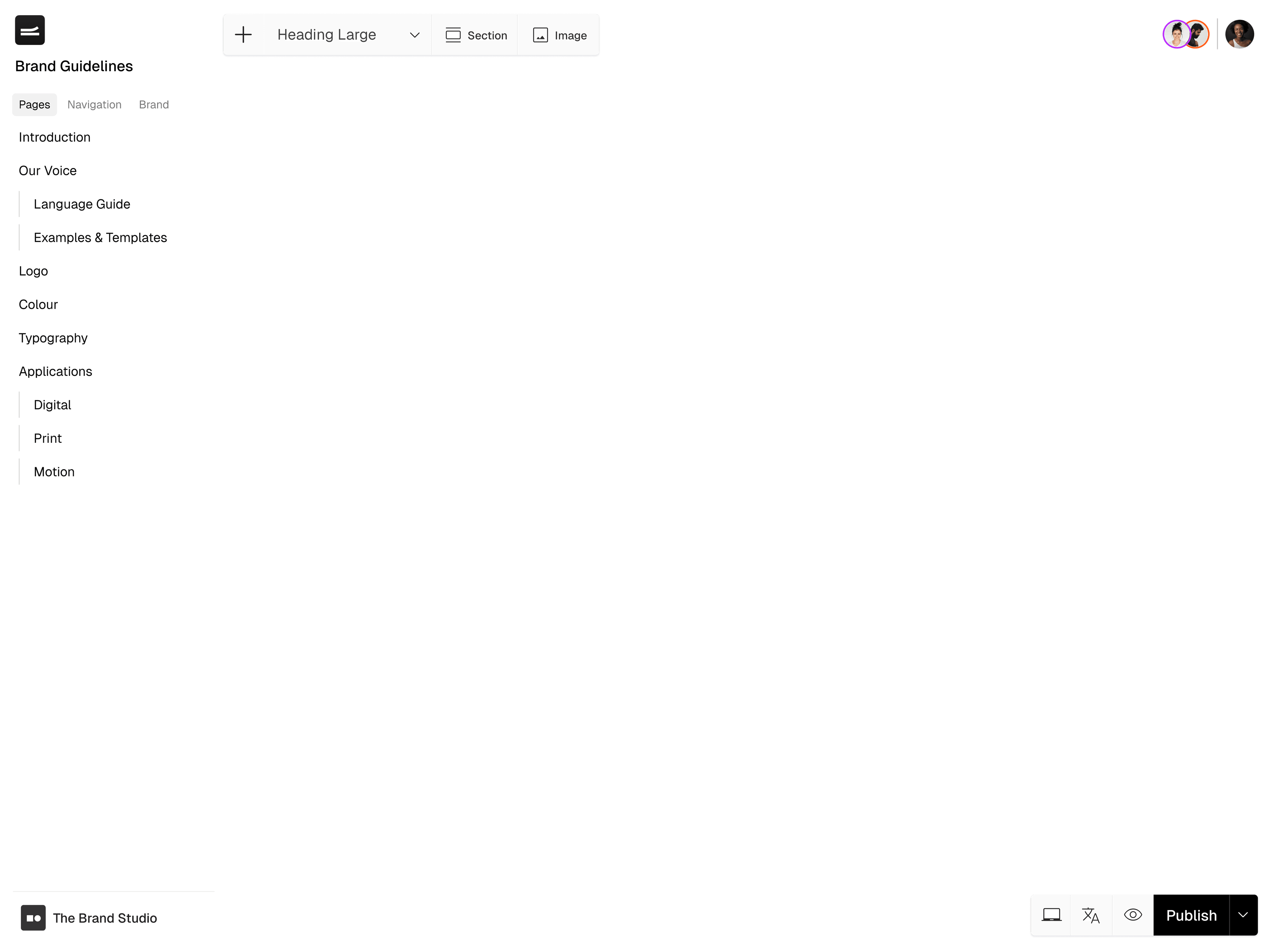 The Guidelines dashboard allowing design and editing of online brand guidelines
